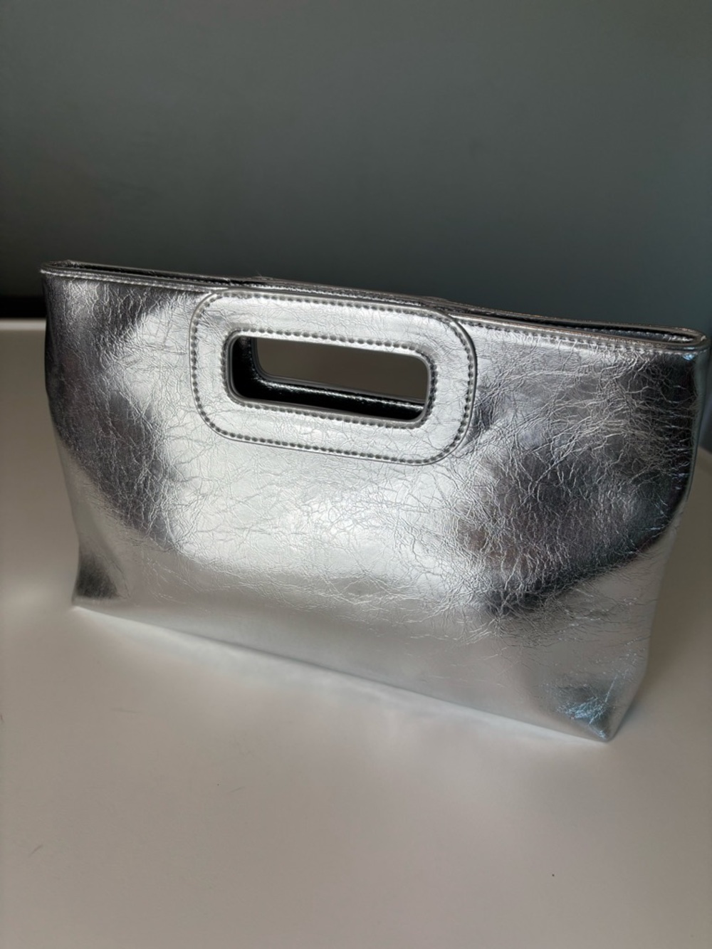 Bundle 2/$30! Metallic Silver Cutout-Handle Clutch Vegan Leather